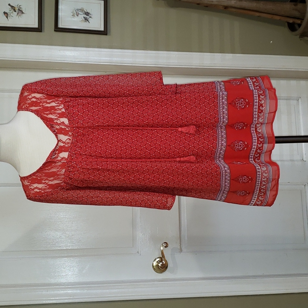 AUW Red Floral Boho Mini Dress, Size Small